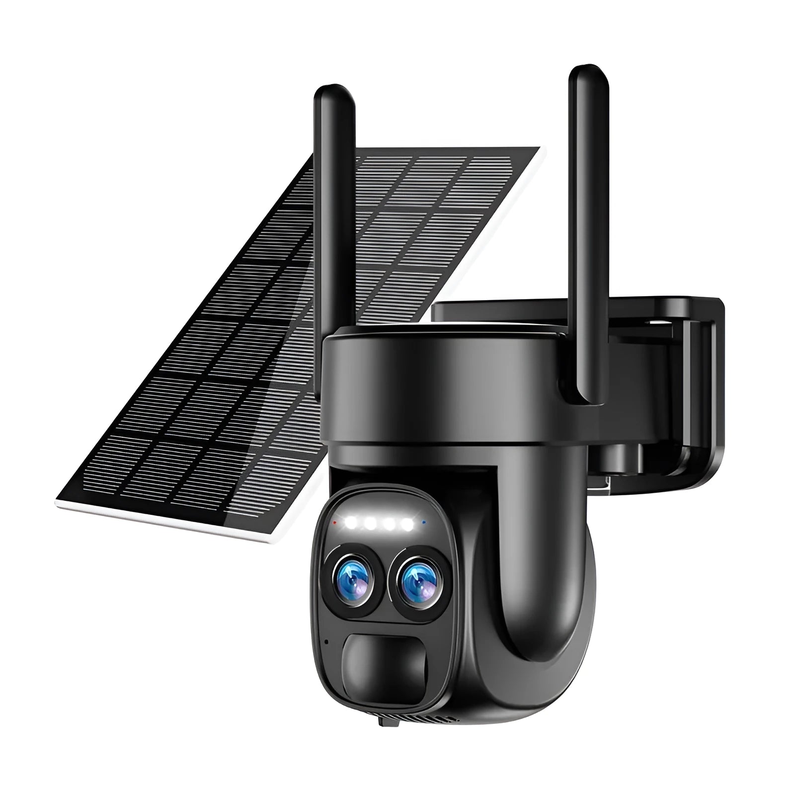 Solar-powered security camera with 8x zoom lens mounted on exterior wall