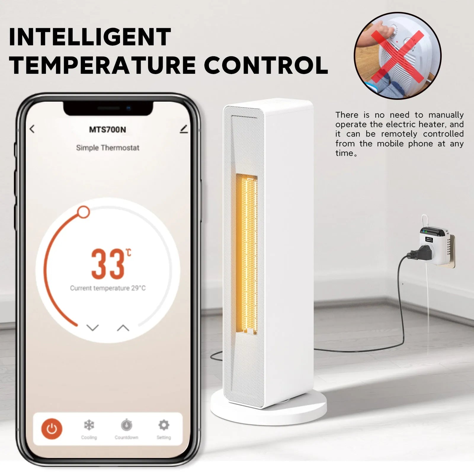 White smart socket with European plug outlets and thermostatic remote control