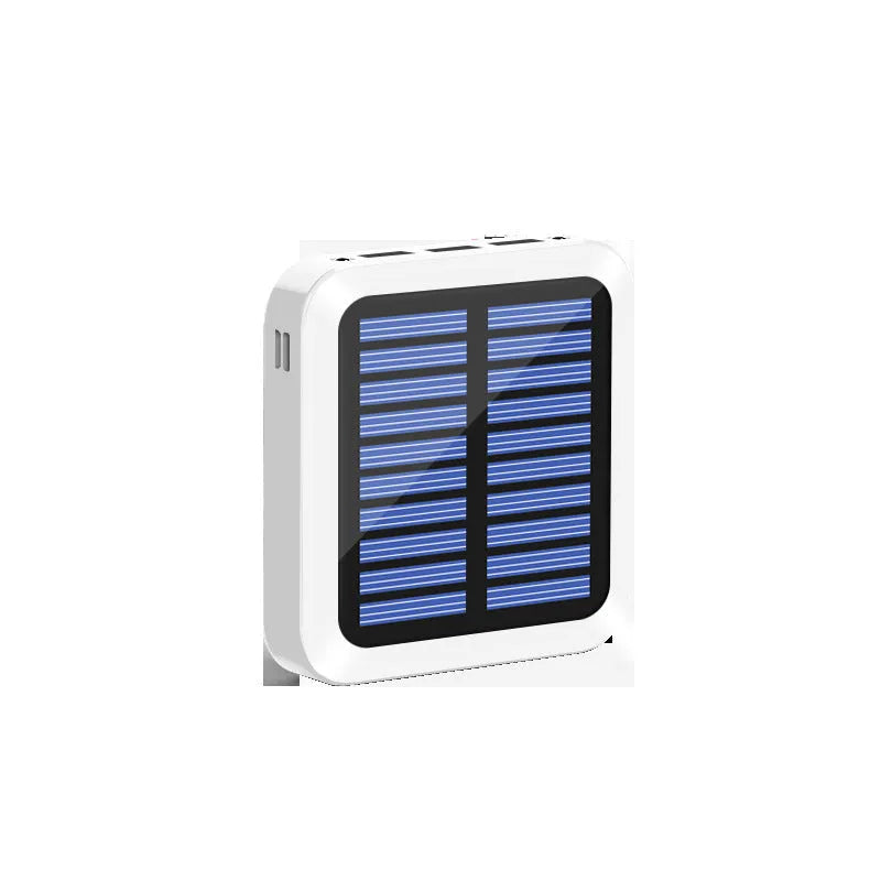 Small portable solar power bank in white plastic case with solar panel on front, 80x80x28mm
