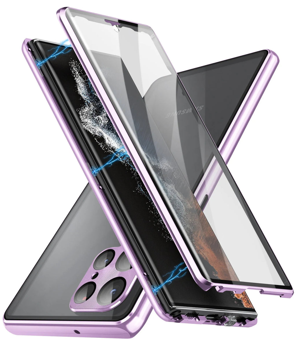 Magnetic mirror phone case for Samsung Galaxy S24 Ultra in silver colour, showing peep-proof cover closed.