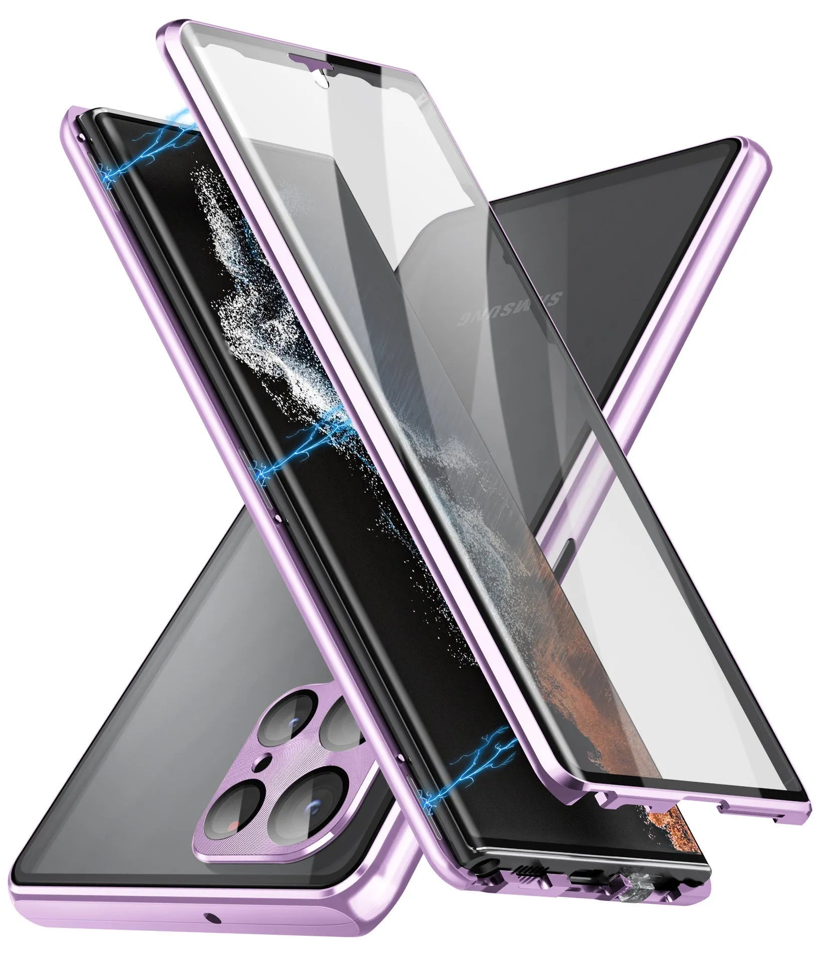 Magnetic mirror phone case for Samsung Galaxy S24 Ultra in silver colour, showing peep-proof cover closed.