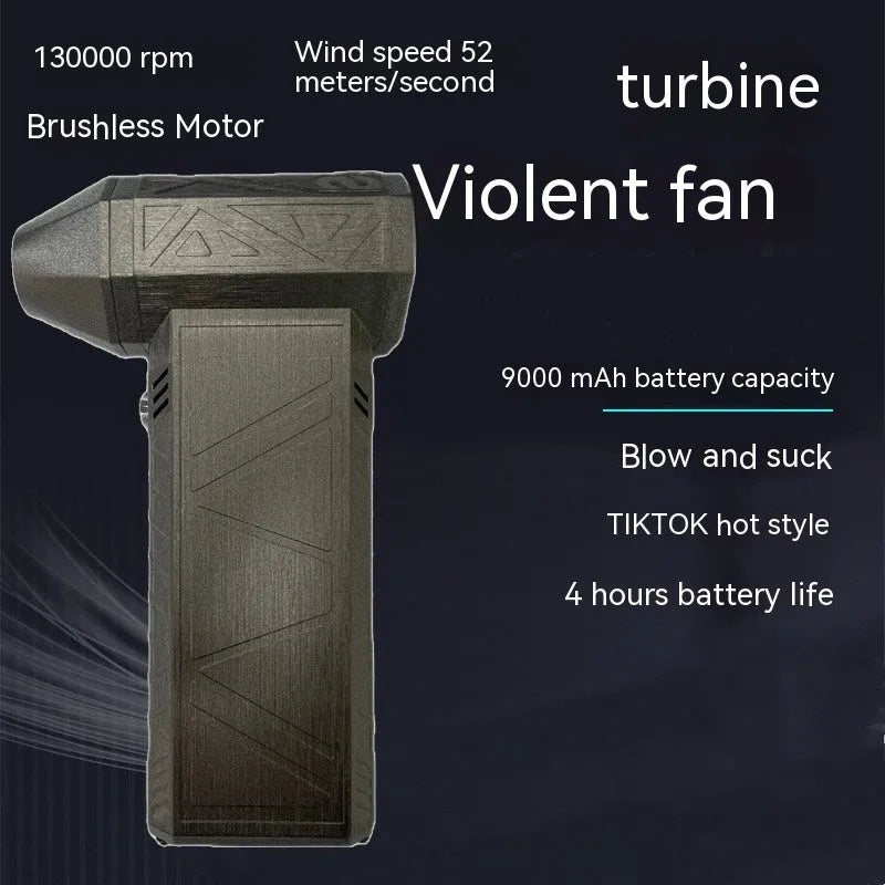 Iron grey cordless handheld turbo fan air duster with brushless motor on a grey background.