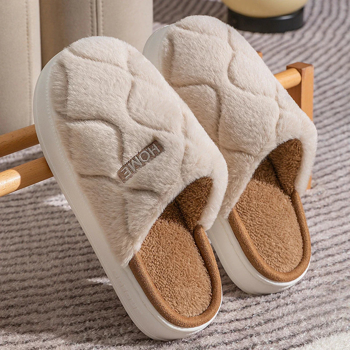 Cozy plush slippers with soft, plush upper material and durable PVC sole for comfortable and secure indoor wear