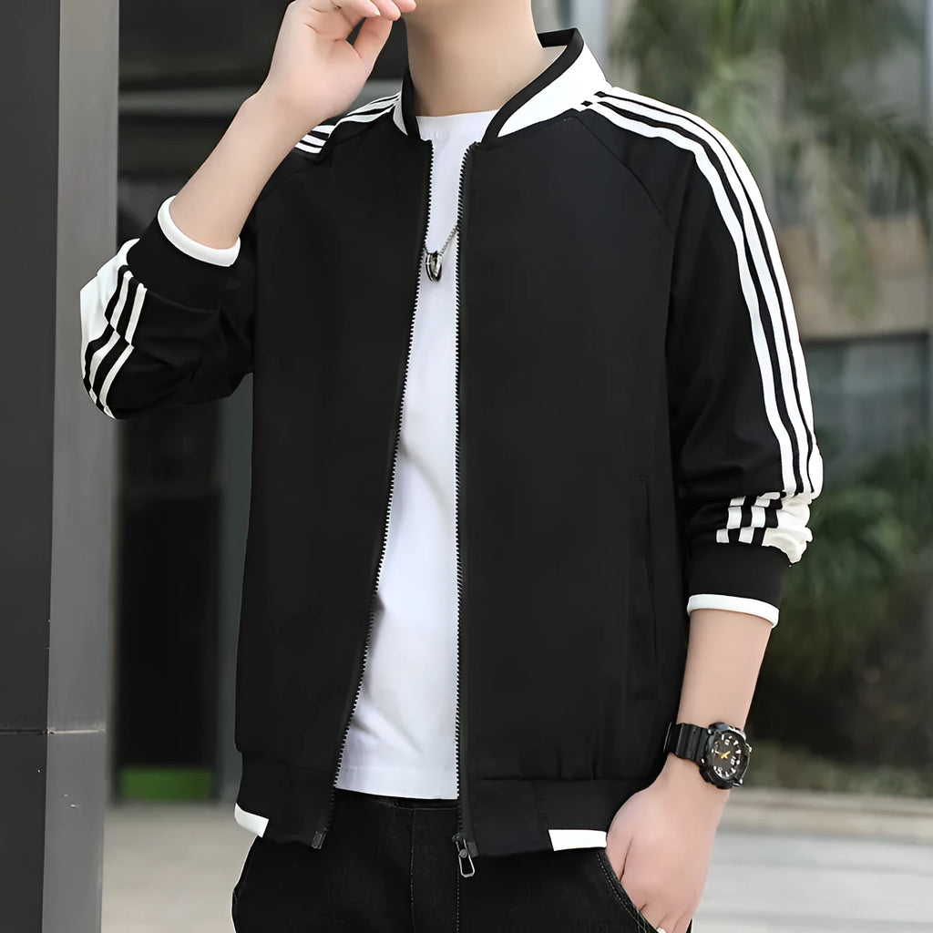 Men's plus size Korean style fitted stand collar long sleeve plain polyester casual jacket in green