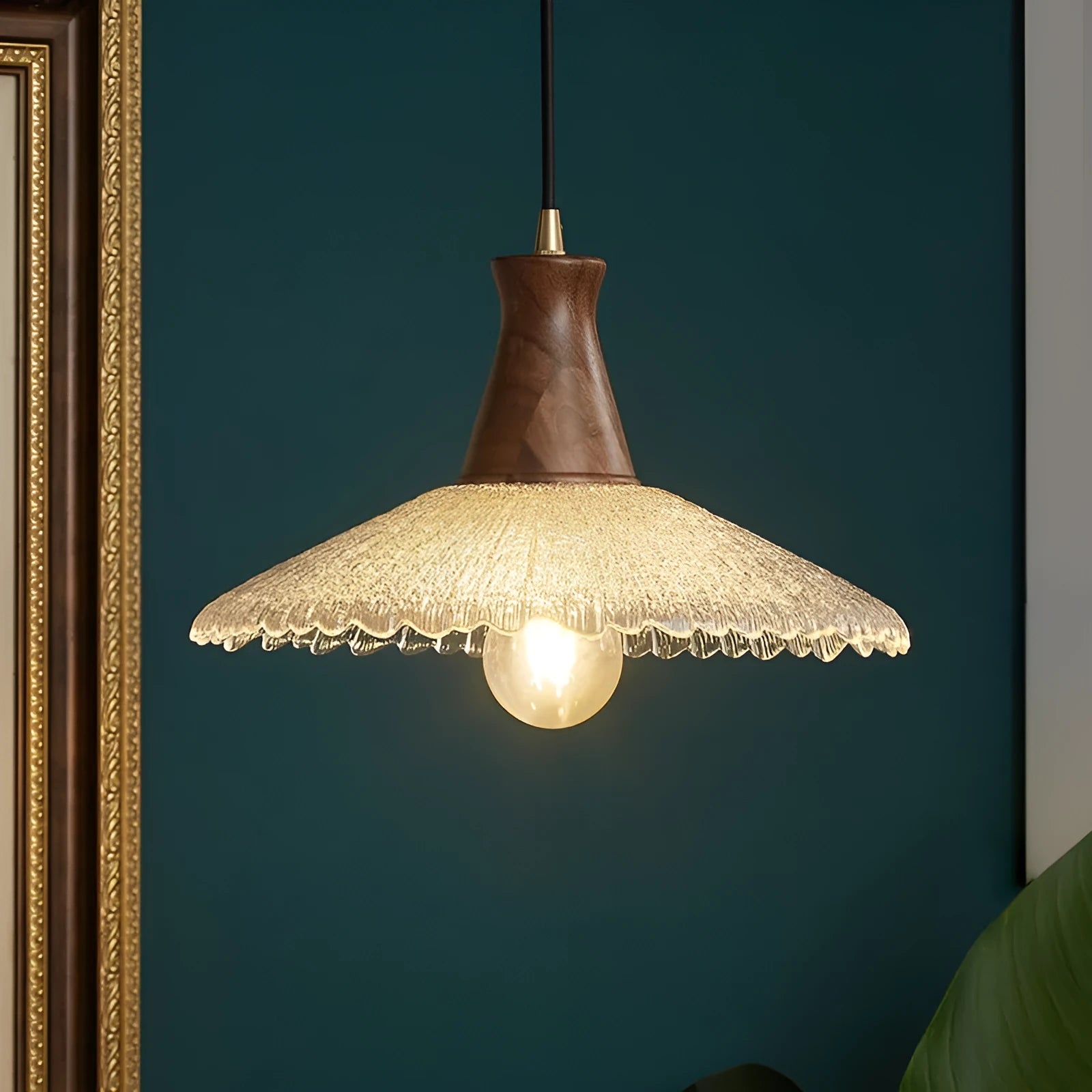Retro brass and glass woodcraft chandelier ceiling lamp shown in three available sizes.