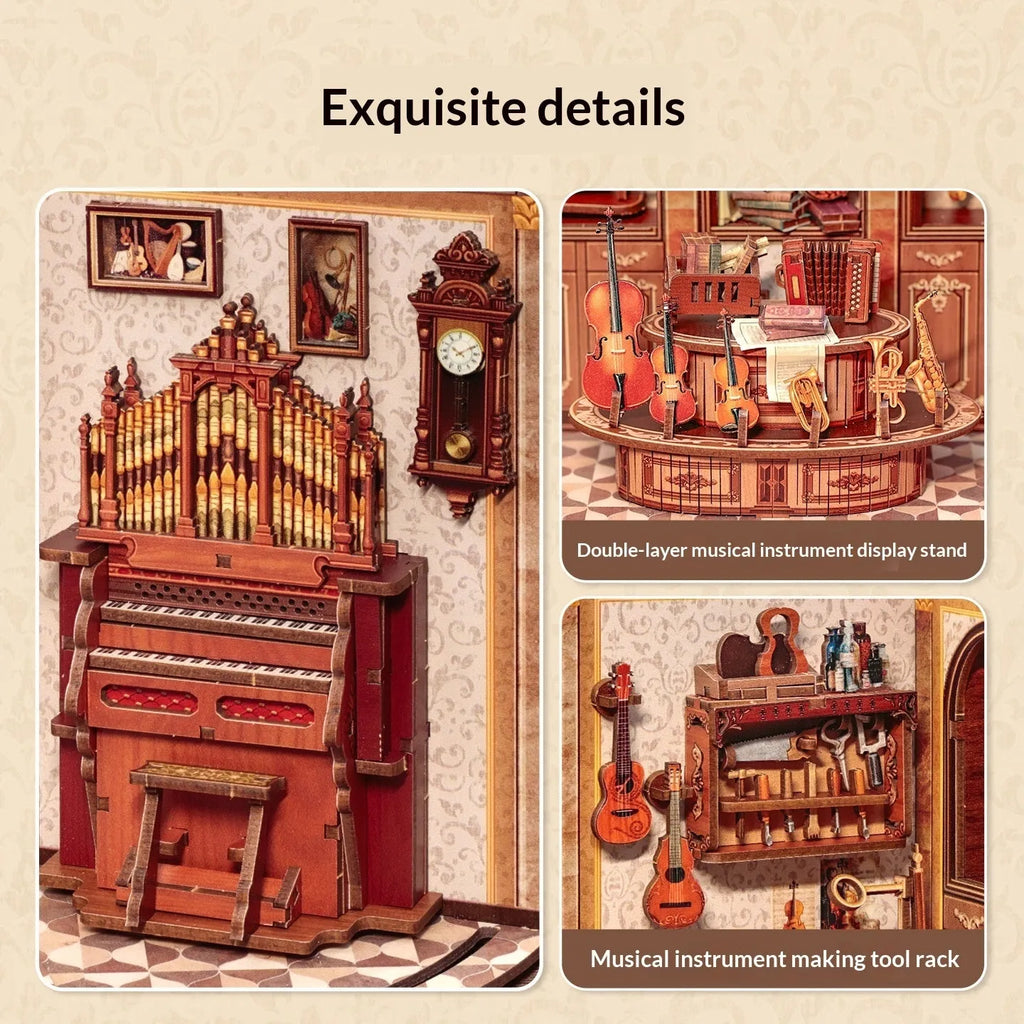3D wooden puzzle assembly model of a Bach Piano Studio with dust cover option