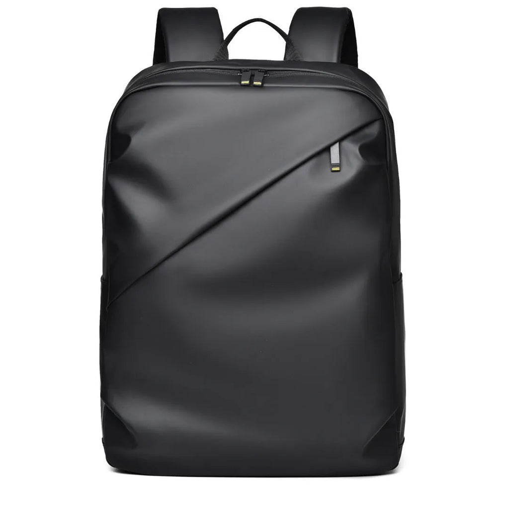 Men's large black waterproof PU backpack showing sewing thread detail and separate computer bag.