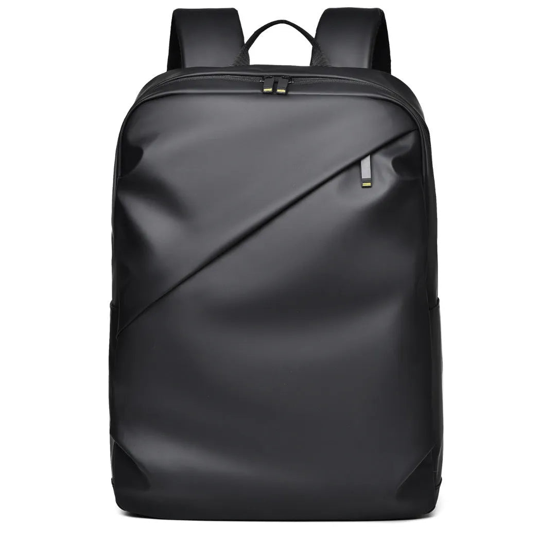 Men's large black waterproof PU backpack showing sewing thread detail and separate computer bag.