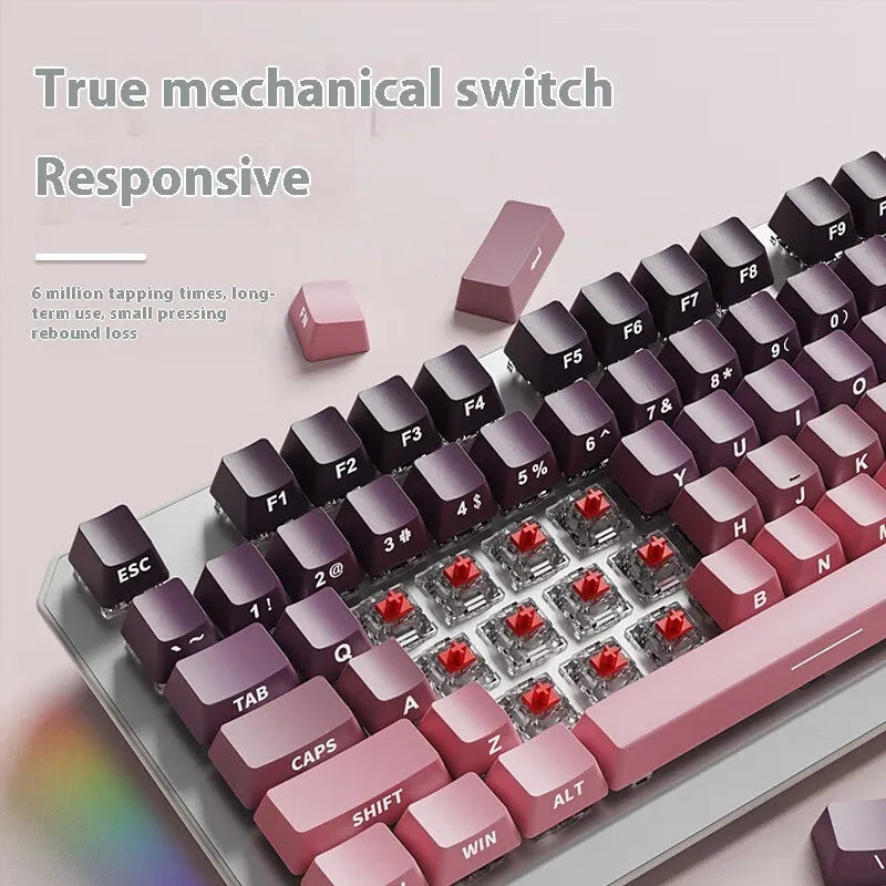 87-key wired mechanical keyboard with white backlight and side-engraved keycaps, available with red, tea, green, or black switches
