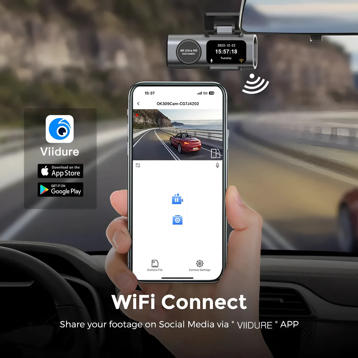 4K WiFi dash cam with night vision, 1.3-inch screen, and parking surveillance mode