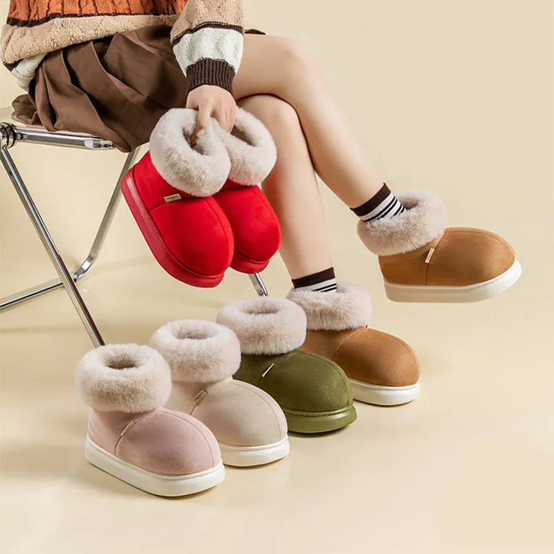 Beige women's winter ankle boots with plush upper, thick EVA sole, and round toe