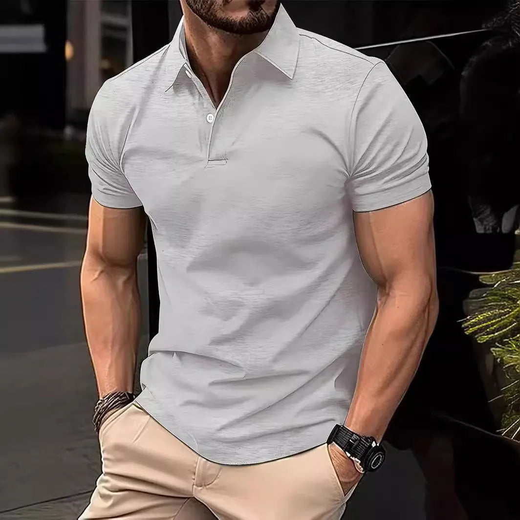Men's slim fit casual short sleeve shirt in a solid colour on a hanger.