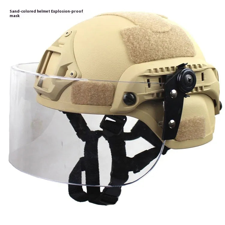 Transparent anti-riot tactical helmet shown in multiple colour options with protective visor