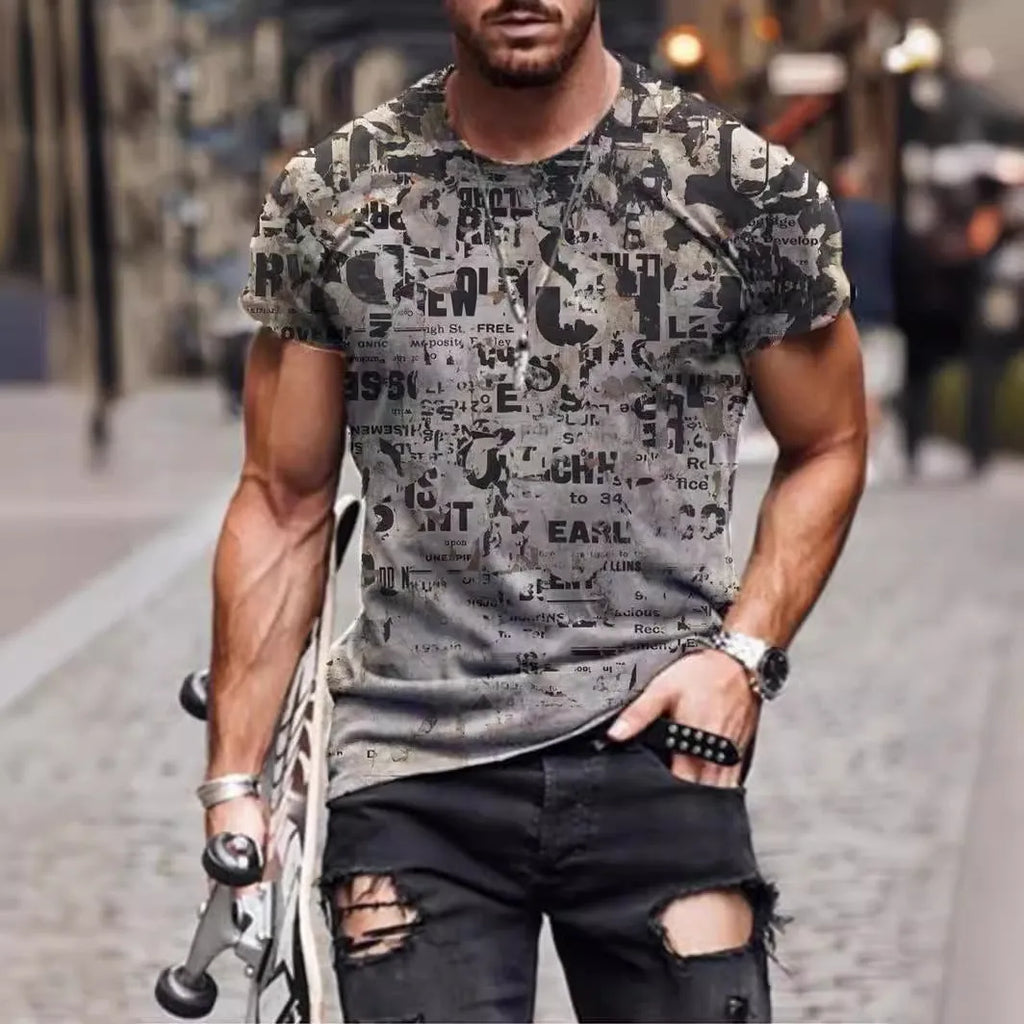 Man wearing a loose fit camouflage print short sleeve t-shirt in milk silk polyester.