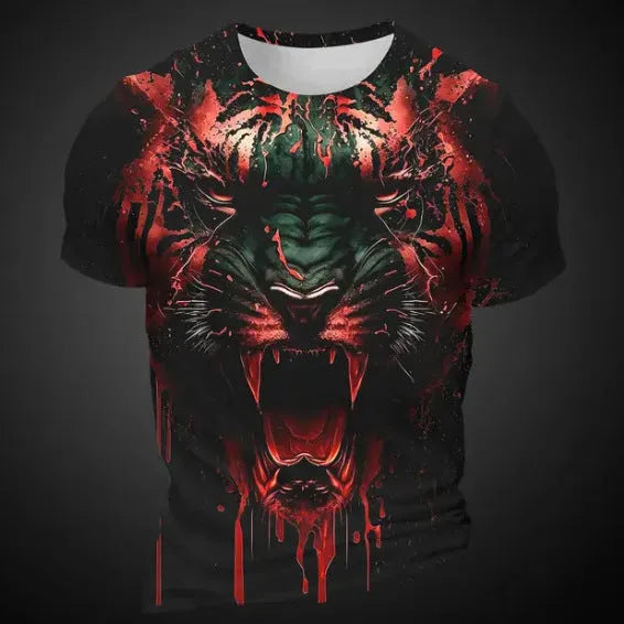 Men's short sleeve T-shirt with a detailed 3D tiger pattern print on light fabric.