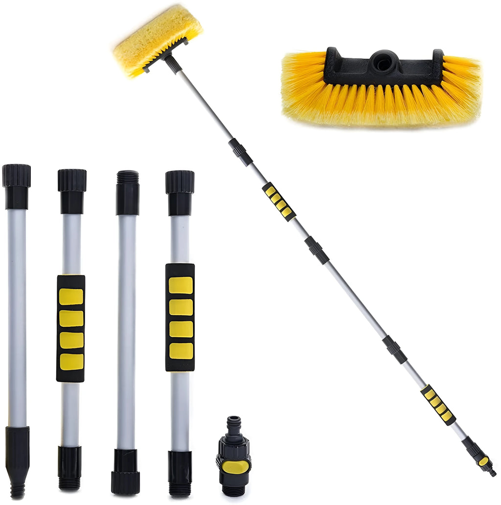 Portable yellow car wash brush with four-section extendable rod and flow-through brush head.