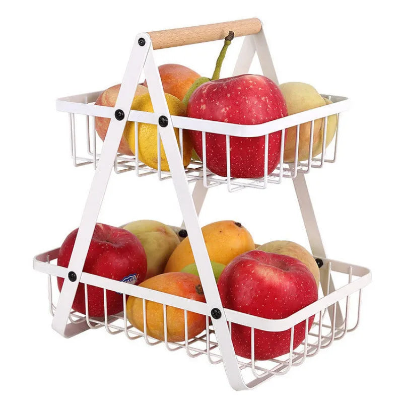 Black iron double-layer fruit basket with a wooden handle, shown with layers detached