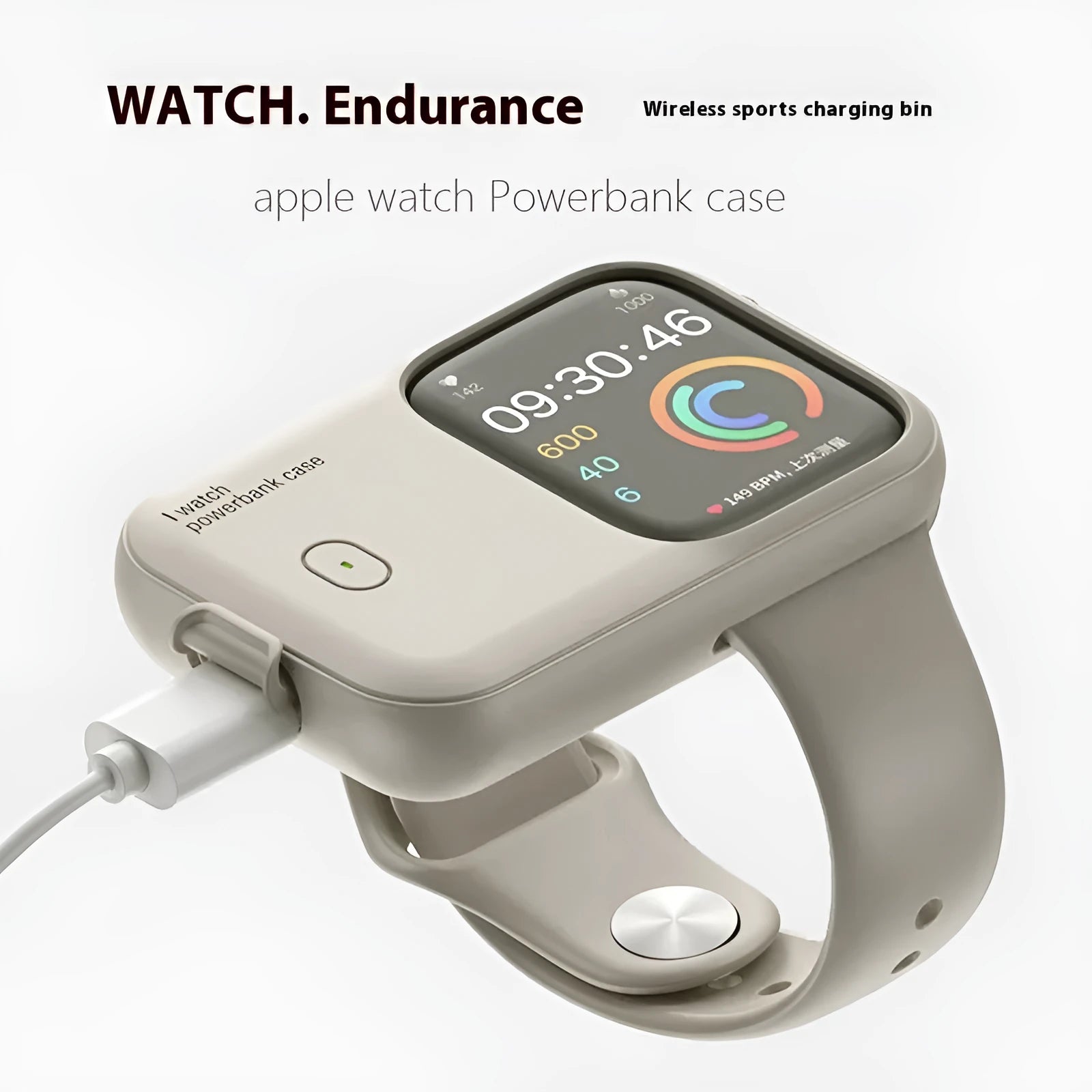 Apple Watch portable wireless charging power bank case with silicone cover in brown, midnight blue, or starlight.