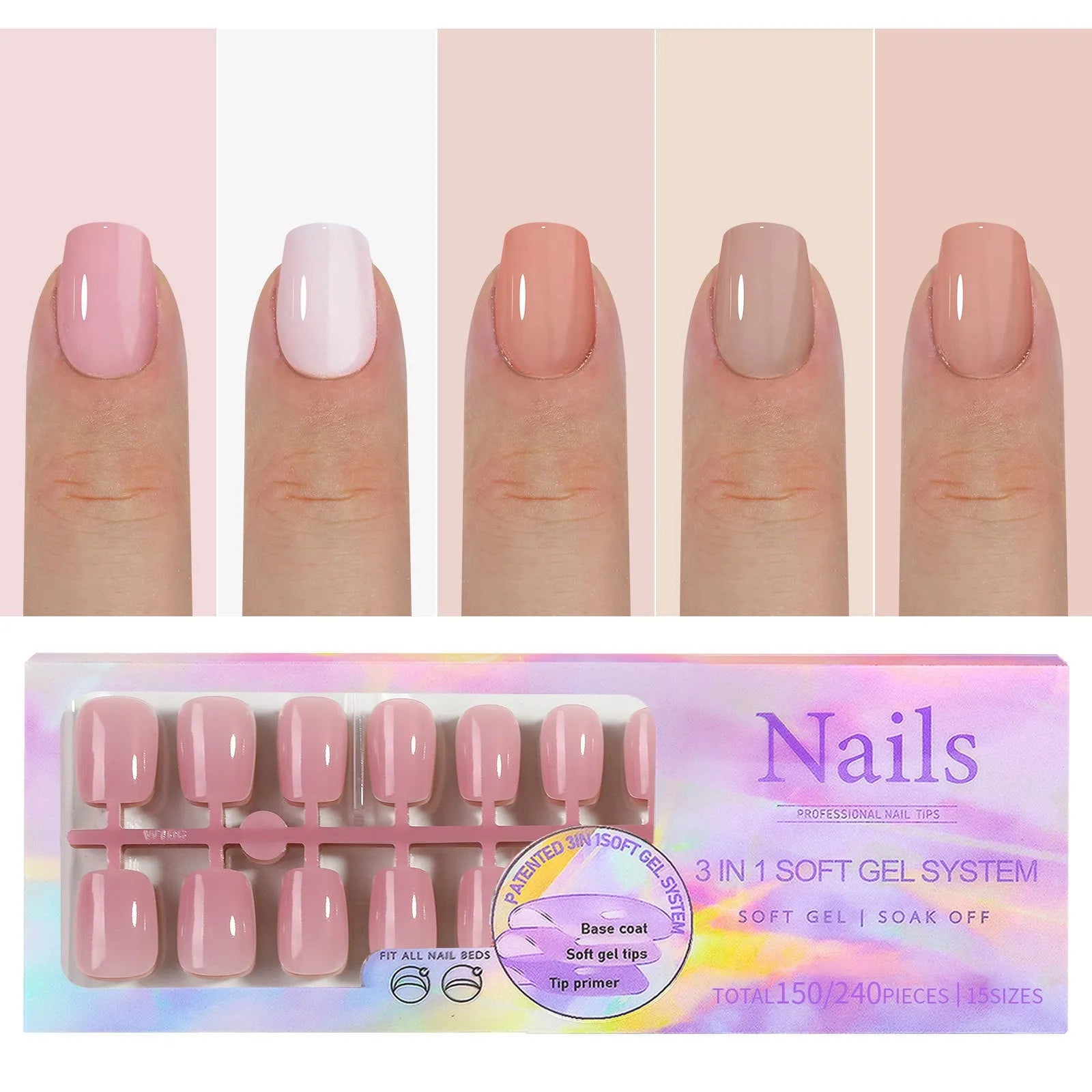 Box of nude seamless removable nail stickers showing colours Bare 01 to Bare 08