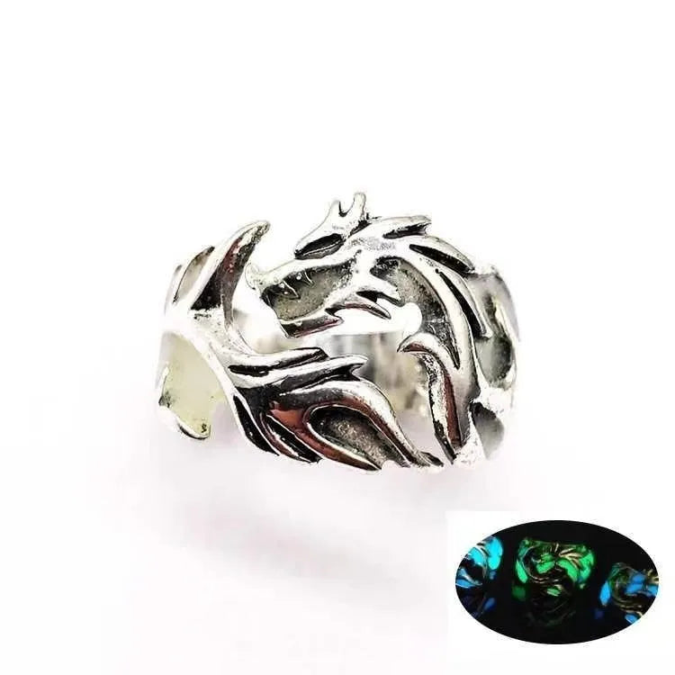Adjustable Chinese style metal ring with luminous dragon pattern in antique silver blue green finish