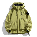 Men's waterproof hooded jacket in black, ginger yellow or purple colours showing regular length cut and long sleeves
