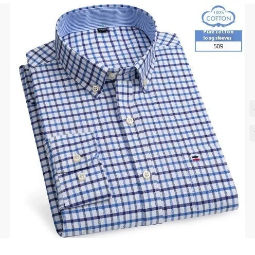 Men's long sleeve pure cotton plaid shirt, casual spring style, available in sizes 38 to 47