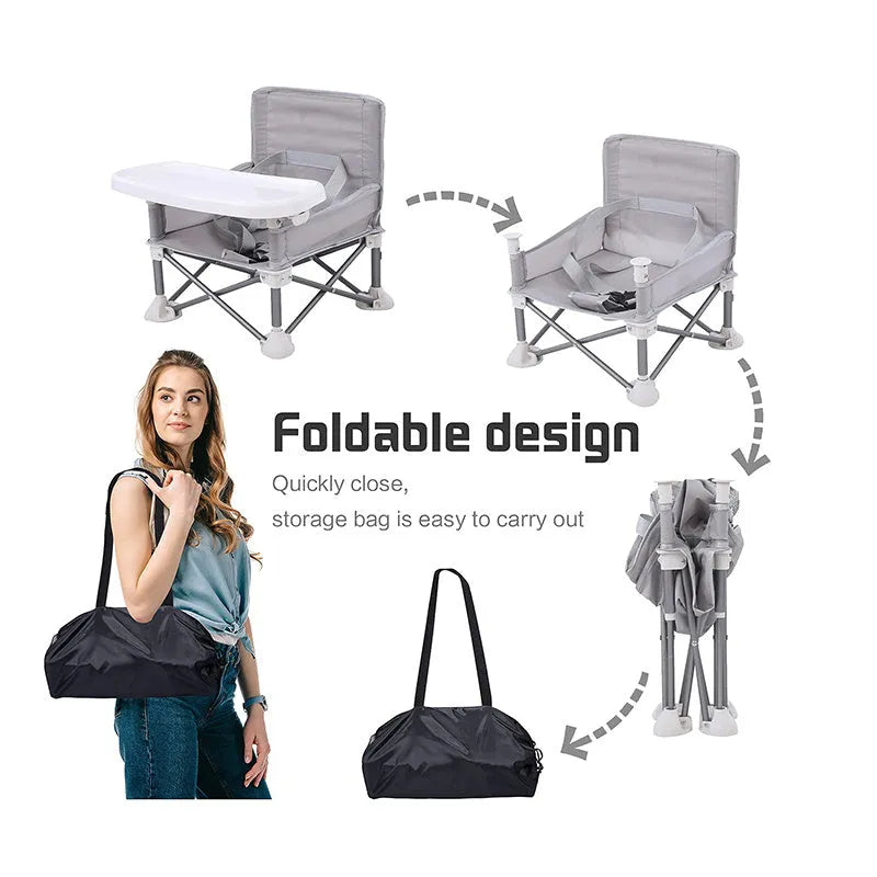 Foldable baby dining chair in folding grey with removable tray and safety belt, includes storage bag