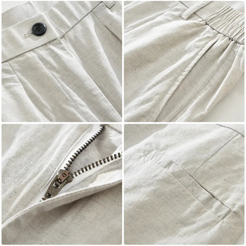 Man wearing loose straight-leg cotton linen trousers in a solid earthy colour.