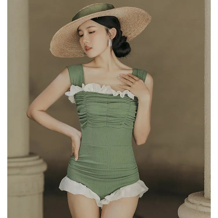 Korean style high waist one-piece swimsuit in quick-drying polyester fabric, available in black, green, or pink