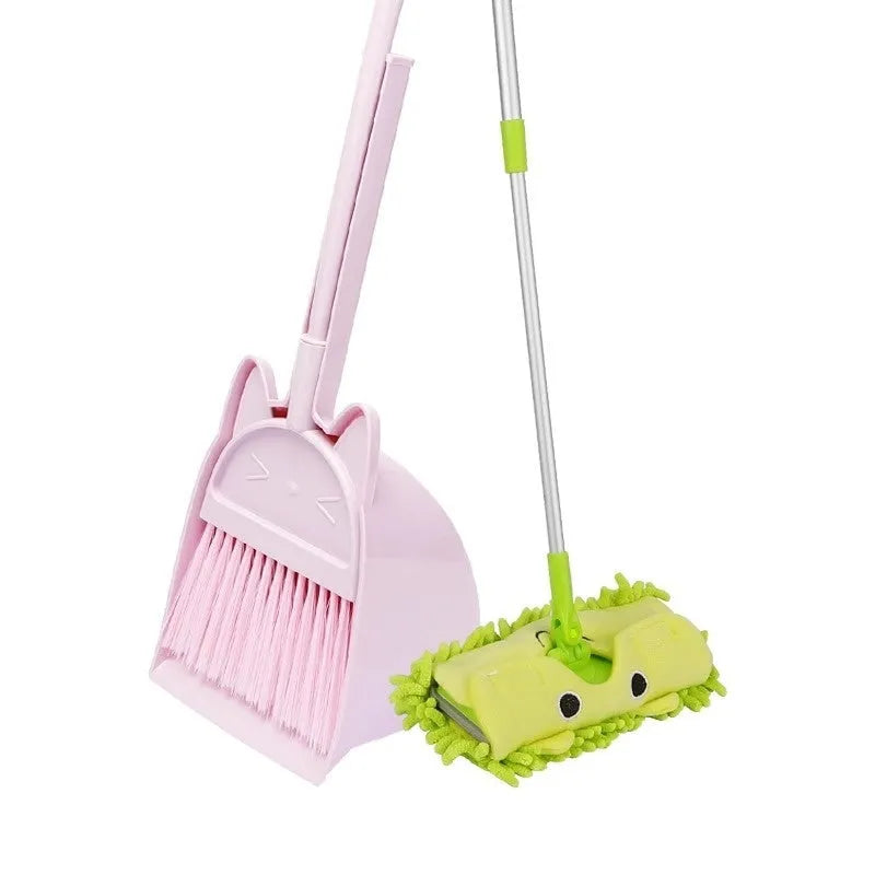 Purple plastic broom and dustpan set with rotating brush holder on a white background
