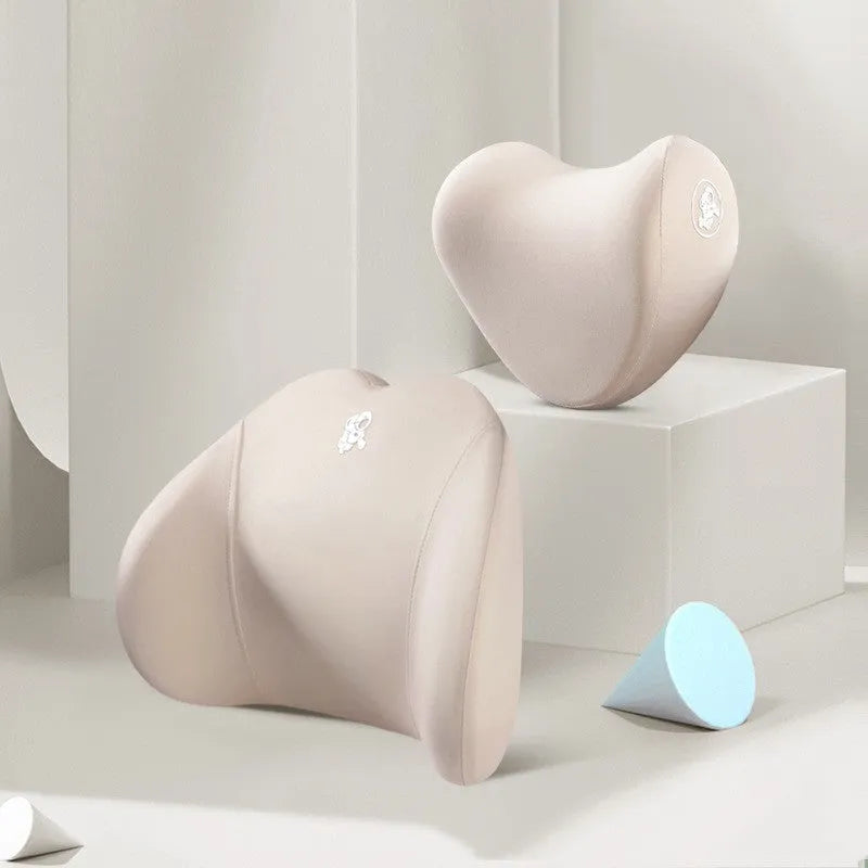 Heart-shaped memory foam car pillow set with cotton cover showing headrest and lumbar support pillows