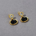 Pair of 18K gold-plated geometric earrings with black onyx and diamonds, 28mm x 18.5mm, gold colour