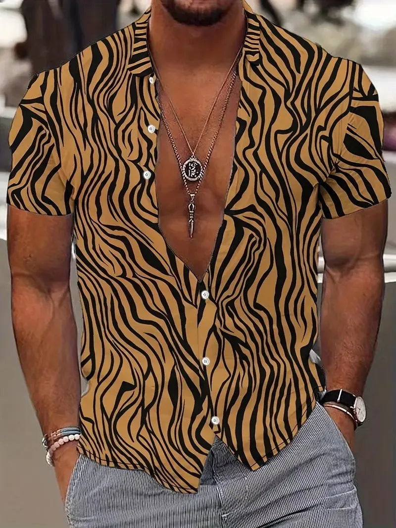 Men's slim fit geometric print short sleeve shirt with lapel collar in lightweight polyester fabric.