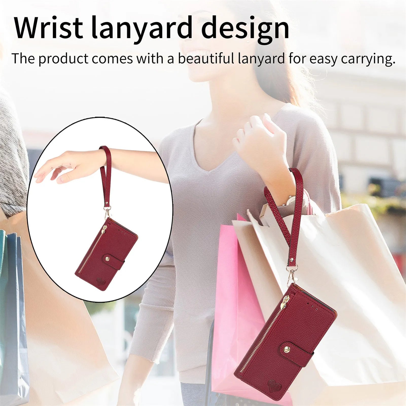Pink PU leather litchi pattern RFID anti-theft lanyard phone case for iPhone with short lanyard and kickstand