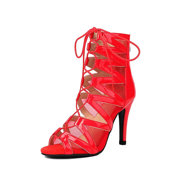 Women's jazz high heel booties in apricot with belt buckle and hollow mesh on the upper