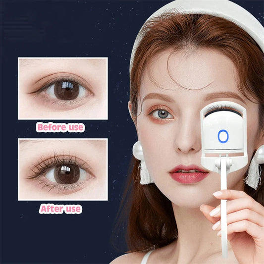 Rechargeable electric heated eyelash curler with temperature control settings, soft silicone pad, and compact, portable design for salon-quality lashes anytime, anywhere