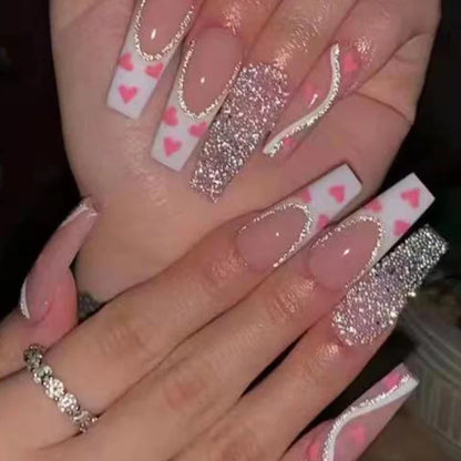 W097 shiny love pattern false nails in long ballet style with adhesive tube, 24-piece set