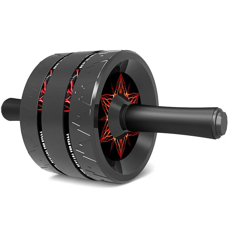 Abdominal exercise wheel with three-wheel design in flame red colour, showing textured handle and 18cm diameter