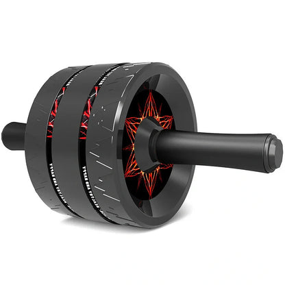 Abdominal exercise wheel with three-wheel design in flame red colour, showing textured handle and 18cm diameter