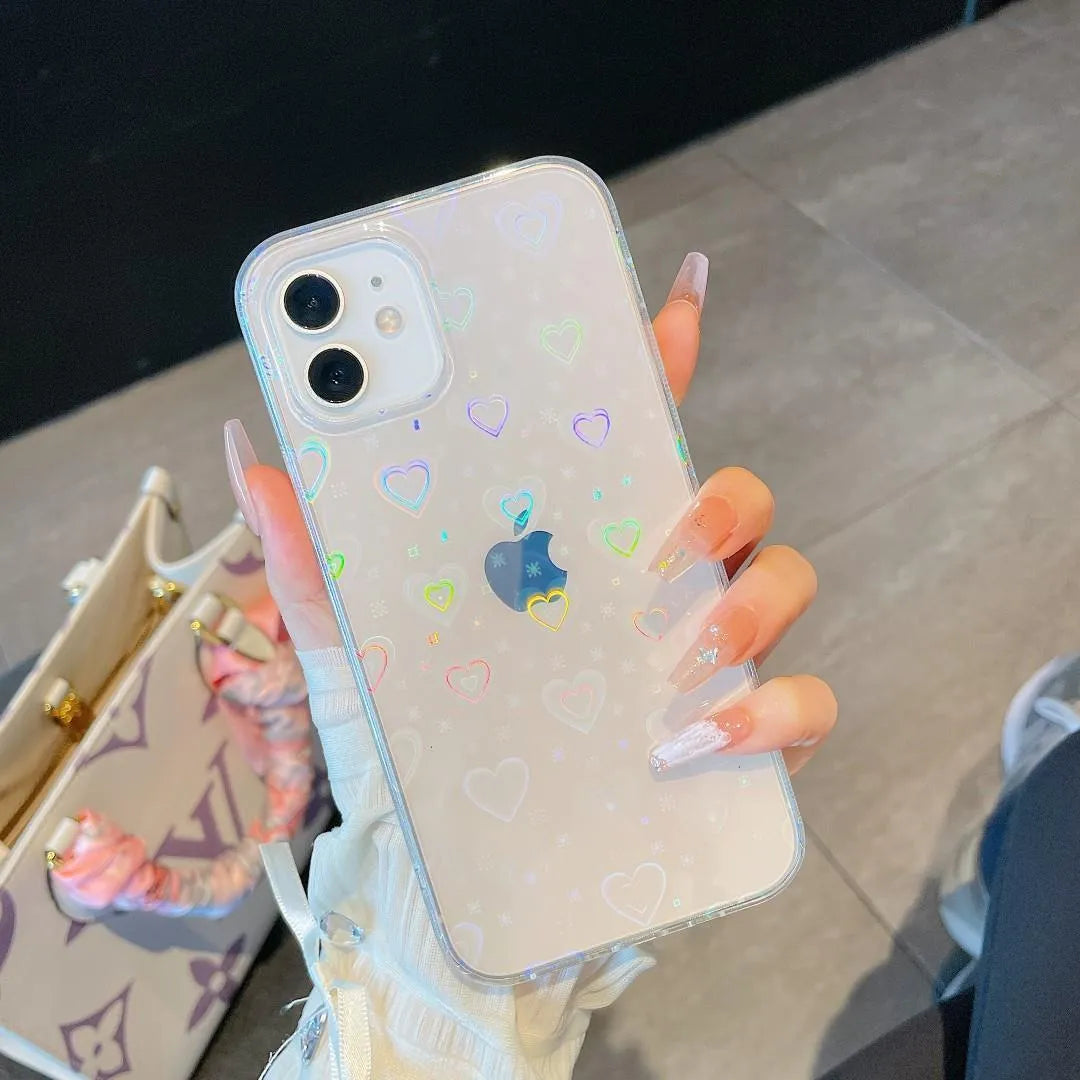 Laser double colorful love transparent phone case back cover for iPhone in IMDB material
