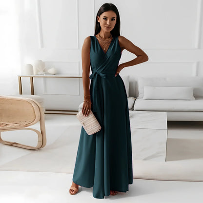 Women’s V-neck sleeveless maxi dress in navy blue with mid-waist belt, polyester fabric, length 144cm size M for party wear