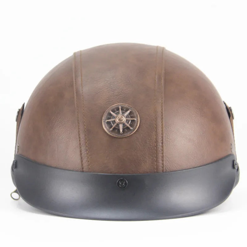 Retro leather half helmet for cruiser motorcycles in black colour showing ABS construction