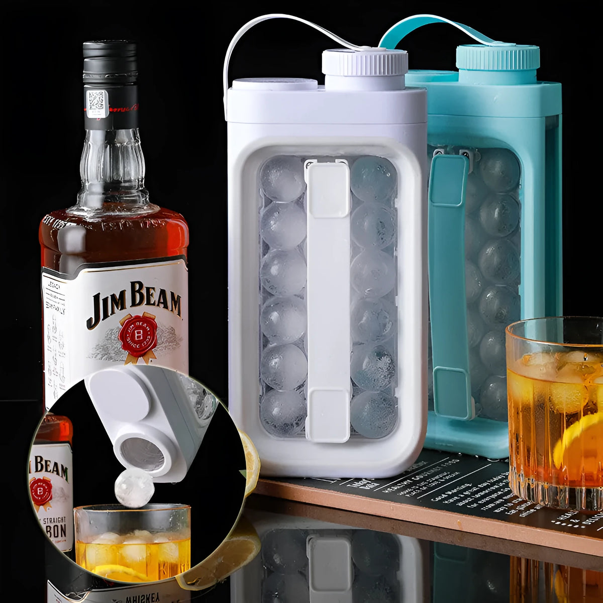 Light blue and white portable ice ball kettle with 17 spherical moulds and bottle function