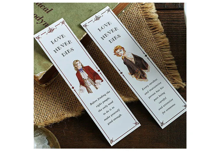 Pack of 30 thick white cardboard bookmarks with various illustrated designs