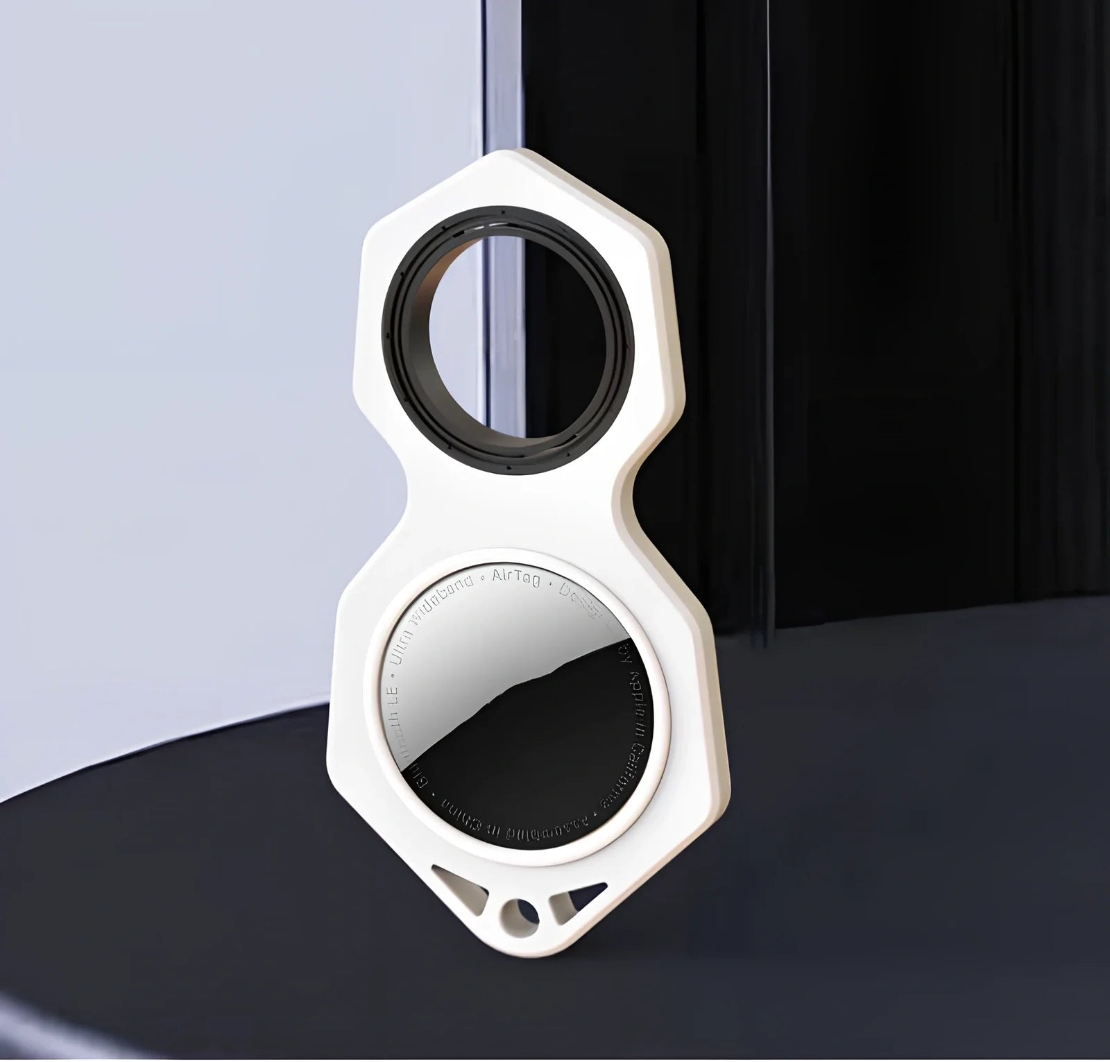 White zinc alloy Apple AirTag keychain case with protective cover and swivel keyring