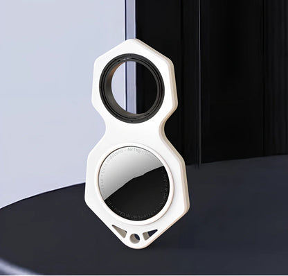 White zinc alloy Apple AirTag keychain case with protective cover and swivel keyring