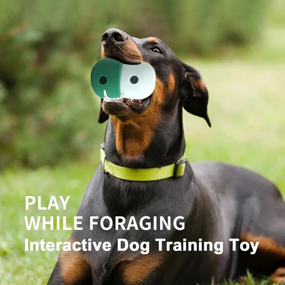 Dog treat puzzle toy in food grade silicone measuring 8x11cm with interactive chase design
