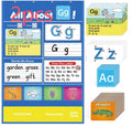 Alphabet learning sleeve table chart with letter cards, picture cards, and song set for children.