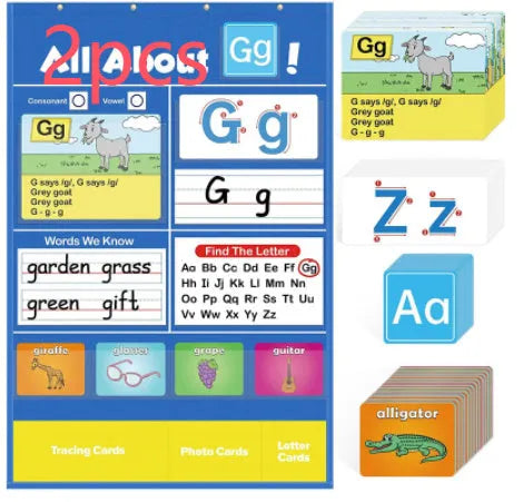 Alphabet learning sleeve table chart with letter cards, picture cards, and song set for children.