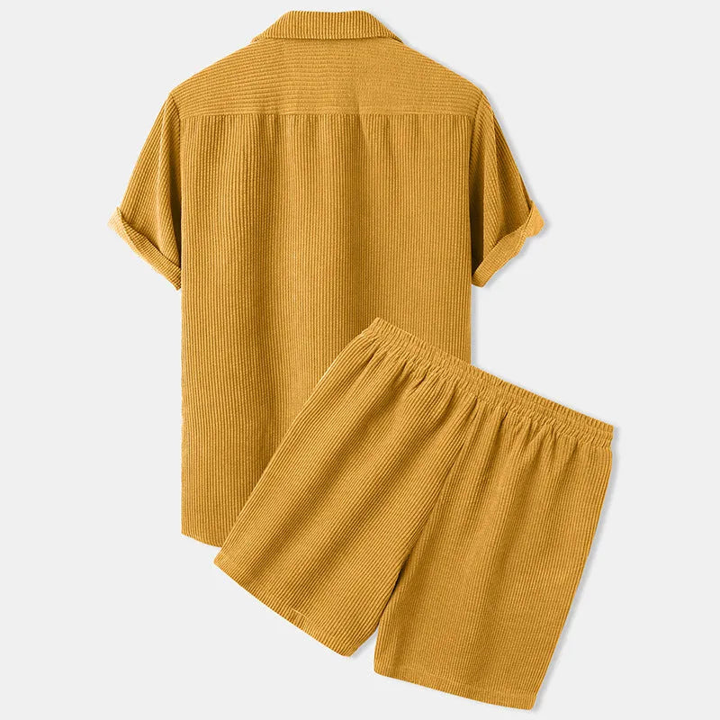 Corduroy short sleeve suit two piece set in yellow with matching top and shorts for women